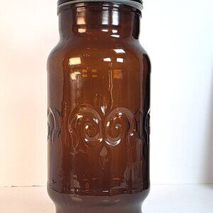 Vintage Borden Cremora Dark Amber Glass Apothecary Jar w/Fleur-De-Lis 1970s